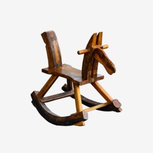 A wooden rocking horse with two seats on top of it.