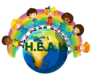 H.E.A.L Kids logo featuring children surrounding a globe with the H.E.A.L. text.