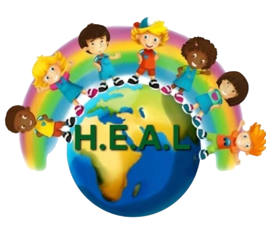 H.E.A.L Kids logo featuring children surrounding a globe with the H.E.A.L. text.