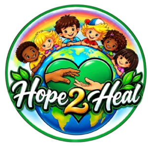 Hope 2 Heal logo featuring children around a globe with hands holding a green heart.